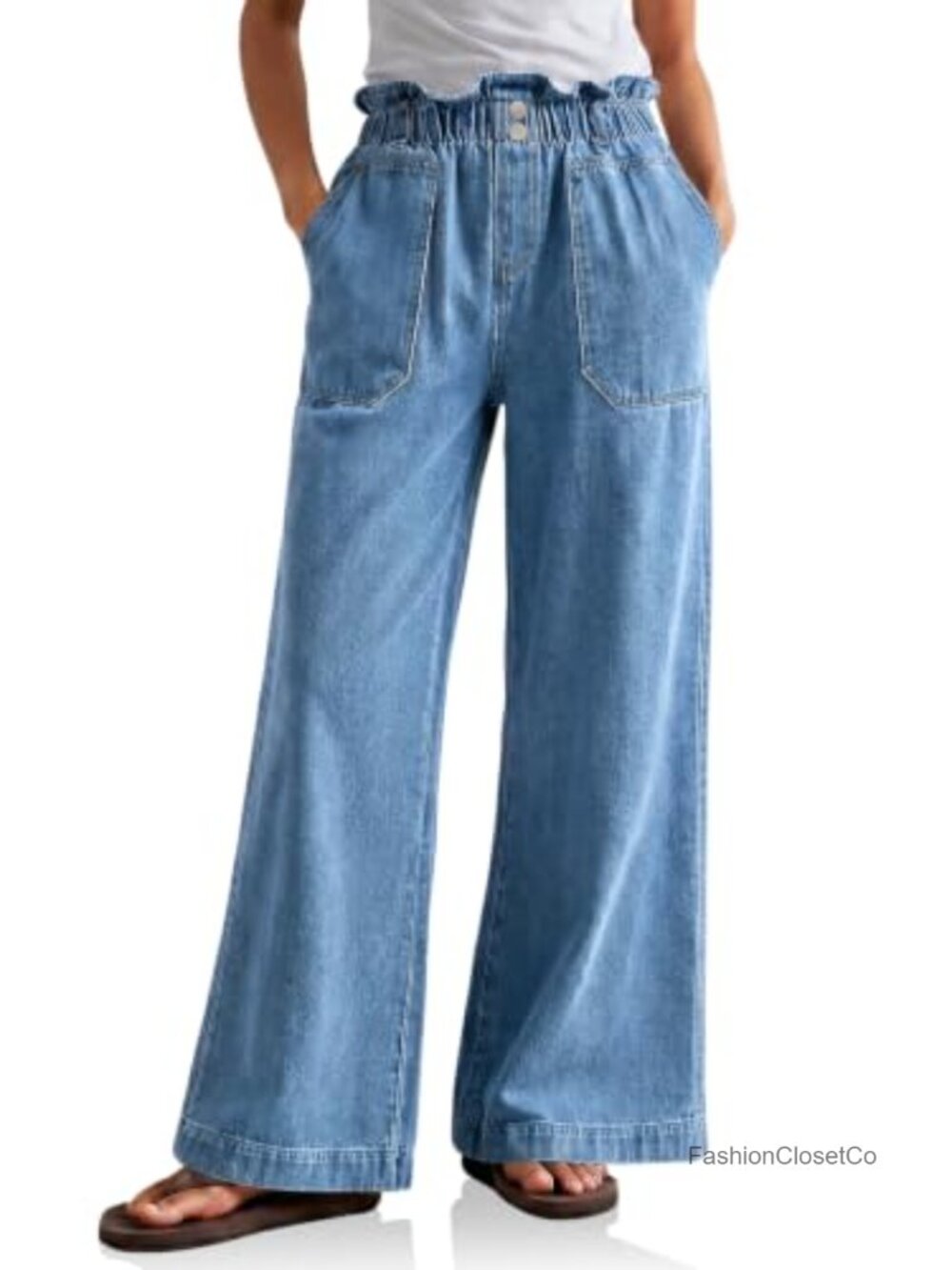 Womens Ruffle High Waist Wide Leg Baggy Denim Jeans Pleated Lightweight